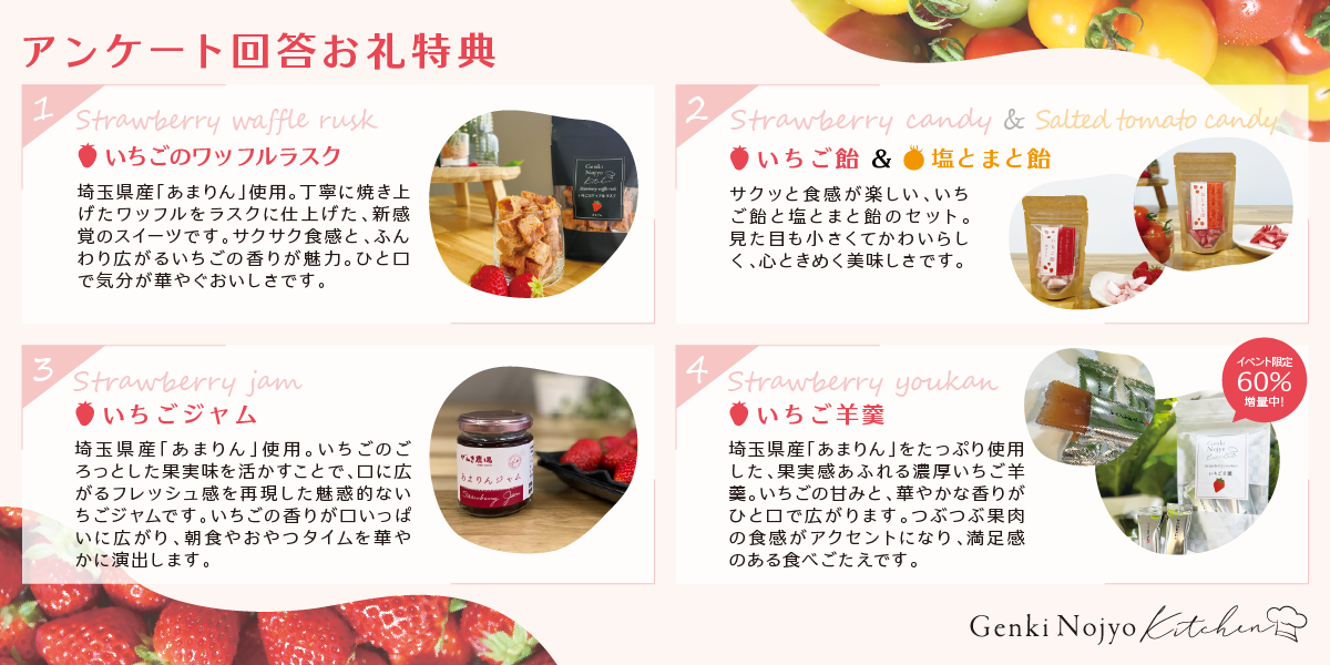 げんき農場の選べる来場特典。いちごのワッフルラスク、いちご飴と塩とまと飴、いちごジャム、いちご羊羹